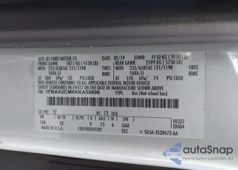 2019 Ford Transit-350 Xlt из США, поврежденный, VIN 1FBAX2CM8KKA59898